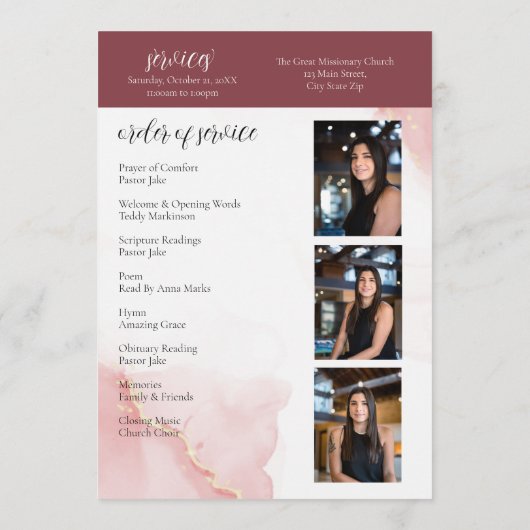 In Love Memory Blush Red Blume Beerdigung Programm (Rückseite)