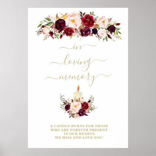 In Love Memory Burgundy floral Memorial-Zeichen Poster (Vorne)
