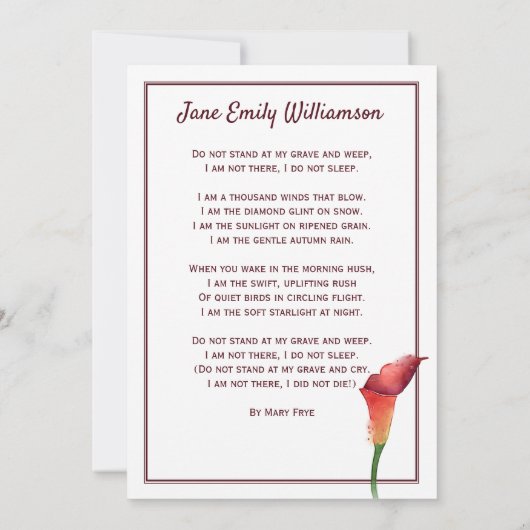 In Love Memory Calla Lily Beerdigung Ankündigung (Rückseite)