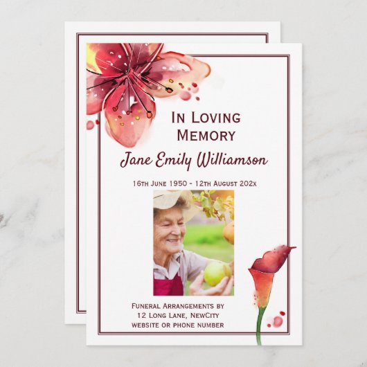 In Love Memory Calla Lily Beerdigung Ankündigung (Vorne/Hinten)