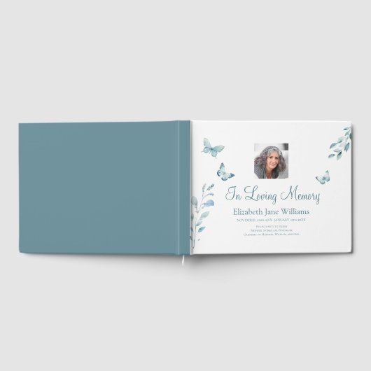 In Love Memory Dusty Blue Butterfly Gästebuch (Voll)