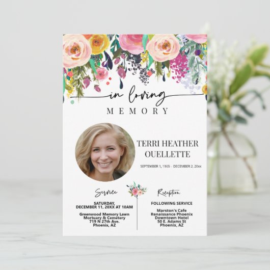 In Love Memory Floral Beerdigung Memorial Service Einladung (Stehend Vorderseite)
