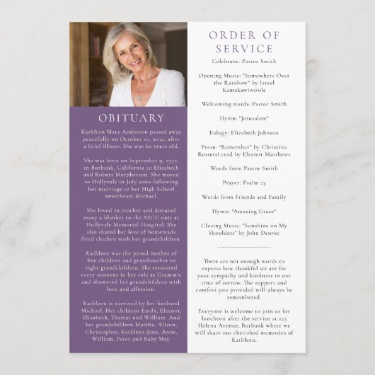 In Love Memory Floral Foto Memorial Service Programm (Rückseite)