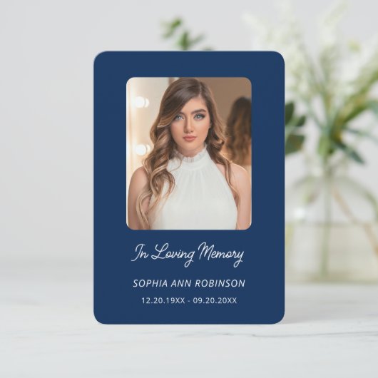In Love Memory Foto Beerdigung Blue Prayer Card (Stehend Vorderseite)