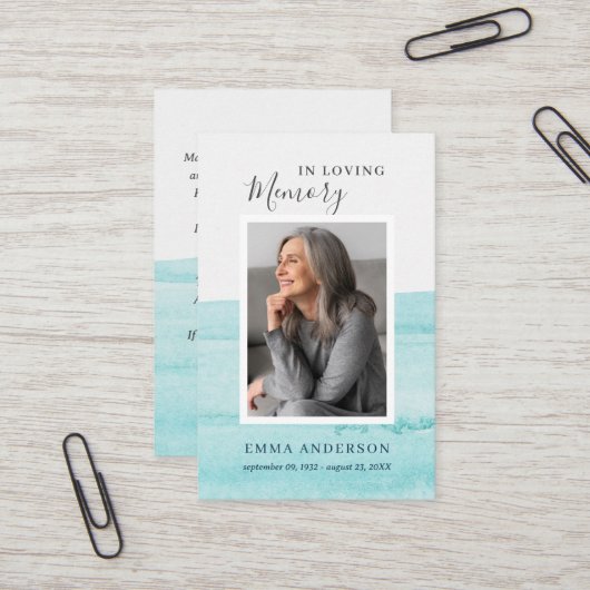 In Love Memory Foto Beerdigung Blue Prayer Card Visitenkarte (Vorderseite/Rückseite Beispiel)