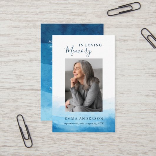 In Love Memory Foto Beerdigung Blue Prayer Card Visitenkarte (Vorderseite/Rückseite Beispiel)