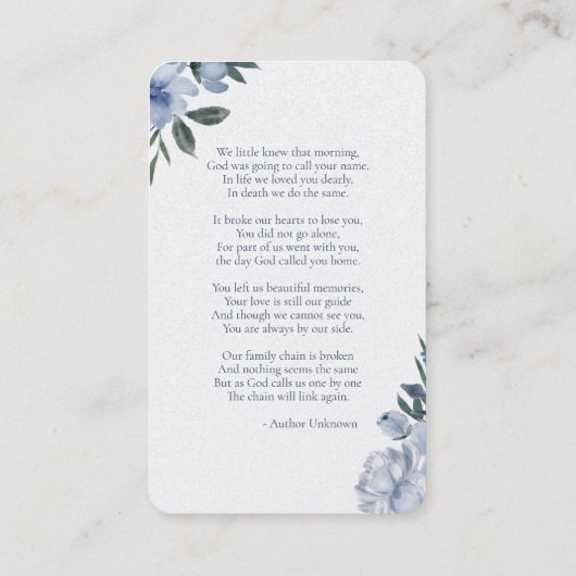 In Love Memory Foto Memorial Prayer Card Visitenkarte (Rückseite)