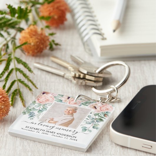 In Love Memory Foto Pink Peony Floral Memorial Schlüsselanhänger (Vorderseite rechts)