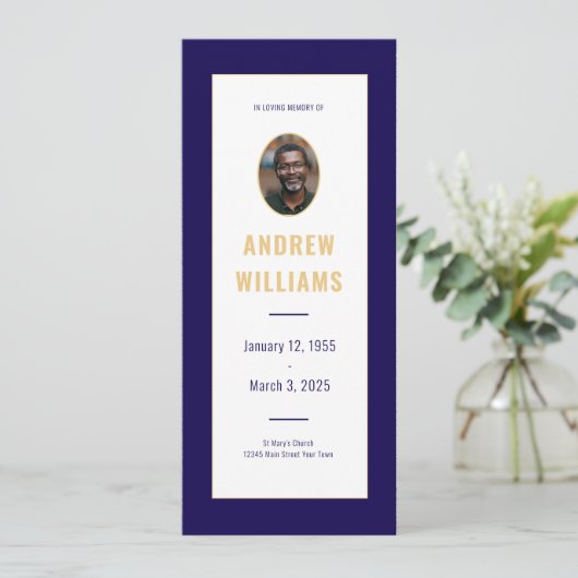 In Love Memory Funeral Foto Program Navy Gold Einladung (Stehend Vorderseite)