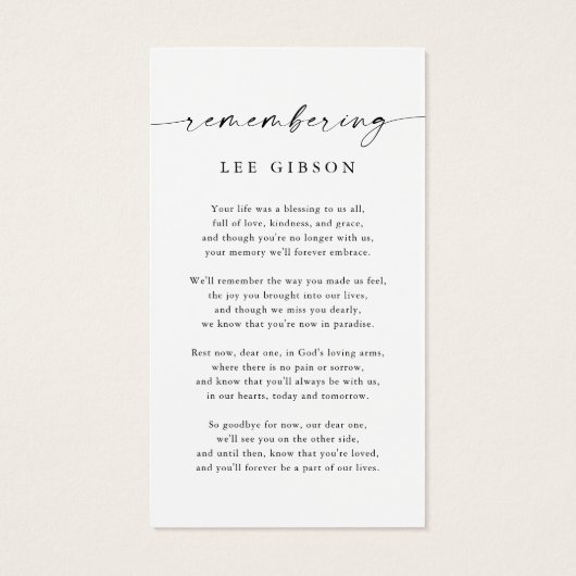 In Love Memory Funeral Memorial Prayer Card (Rückseite)