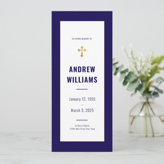 In Love Memory Funeral Program Navy & Gold Einladung (Stehend Vorderseite)