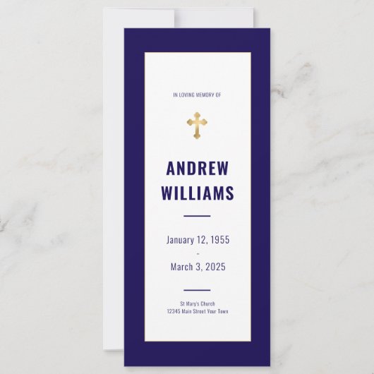 In Love Memory Funeral Program Navy & Gold Einladung (Vorderseite)