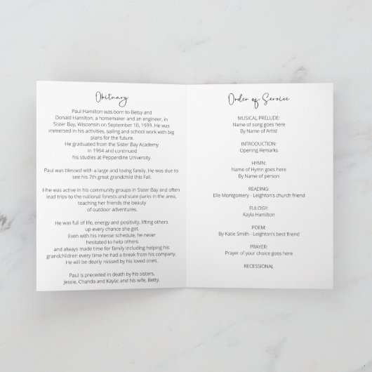 In Love Memory Funeral Programm Reihenfolge des Di (Innenseite)