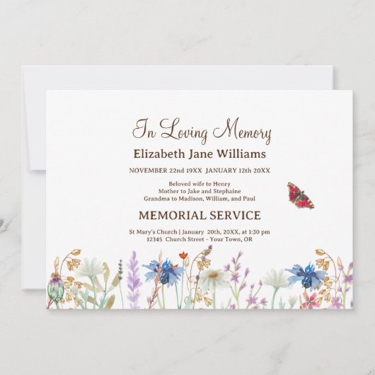 In Love Memory Funeral Wildblume & Butterfly Einladung (Vorderseite)