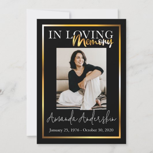 In Love Memory Gold Beerdigung Memorial Foto Einladung (Vorderseite)