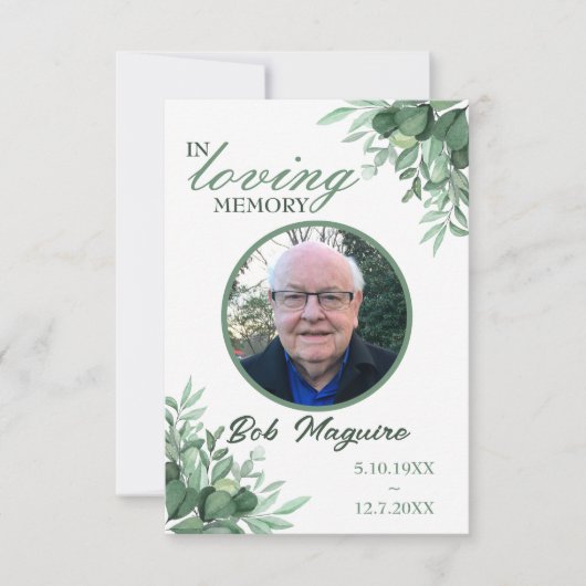 In Love Memory Green Blätter Foto Beerdigungskarte Einladung (Vorderseite)