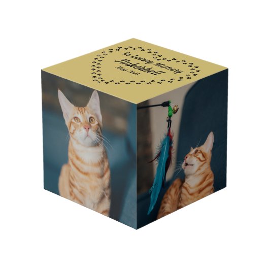 In Love Memory Heart of Cat Paws on gold Würfel (Vorderseite Schrägansicht)