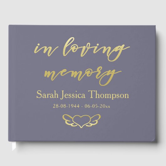 In Love Memory Lila & Gold Book of Condolence Gästebuch (Vorderseite)