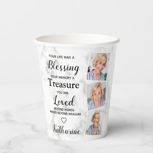 In Love Memory Memorial Beileid 3 Foto Beerdigung Pappbecher (Rückseite)