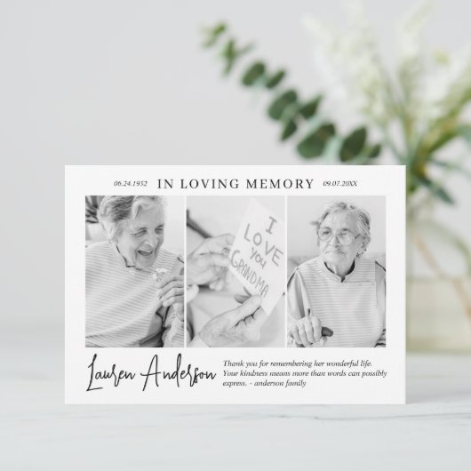 In Love Memory Memorial Modern Simple 3 Foto Dankeskarte (Stehend Vorderseite)