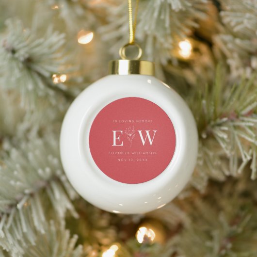 In Love Memory Memorial Moderne Monogram Foliage Keramik Kugel-Ornament (Baum)