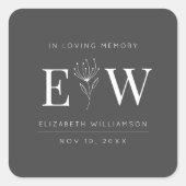 In Love Memory Memorial Moderne Monogram Foliage Quadratischer Aufkleber (Vorderseite)