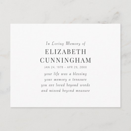 In Love Memory Memorial Modernes einfaches Angebot Postkarte (Vorderseite)