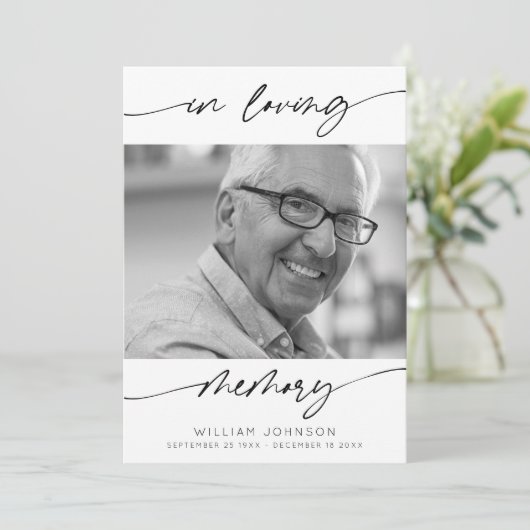 In Love Memory Modern Script Foto Beerdigung Dankeskarte (Stehend Vorderseite)