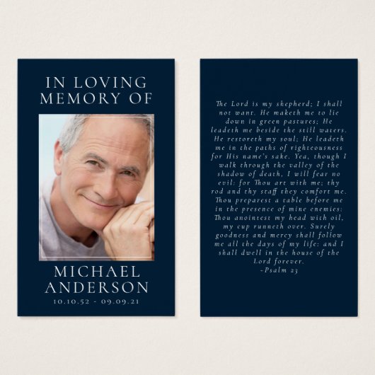 In Love Memory Navy Blue Memorial Prayer Card (Vorne & Hinten)