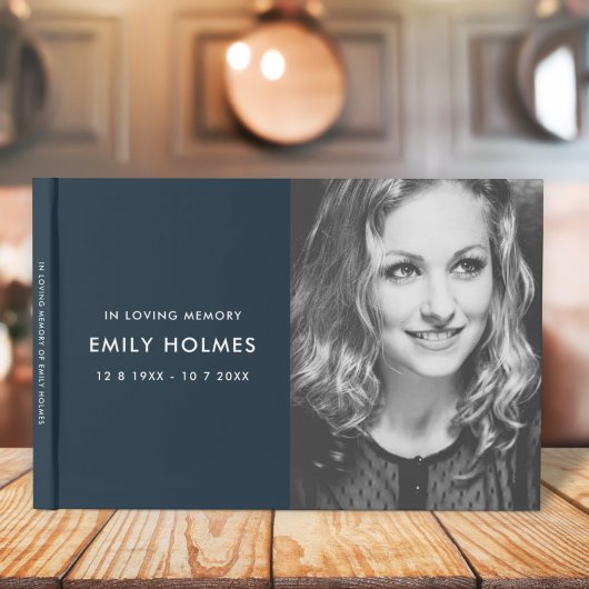 In Love Memory | Navy Blue Modern Memorial Foto Gästebuch