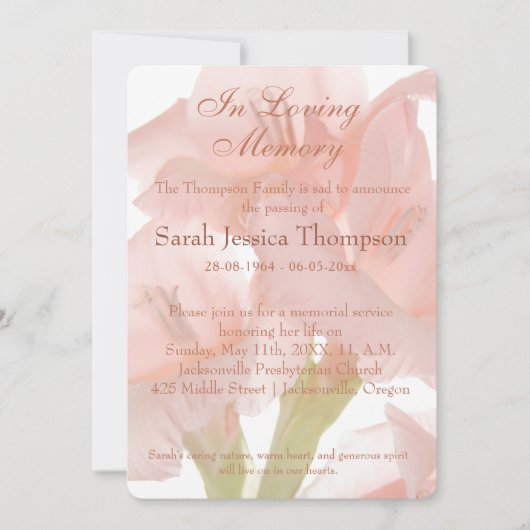 In Love Memory - Pink Blume Memorial Service Einladung (Vorderseite)