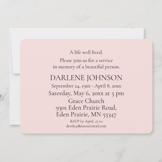 In Love Memory Pink Lily Einladung (Rückseite)