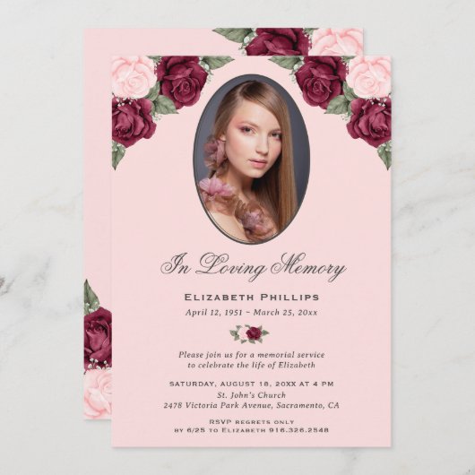 In Love Memory Pink Red Floral Foto Einladung (Vorne/Hinten)
