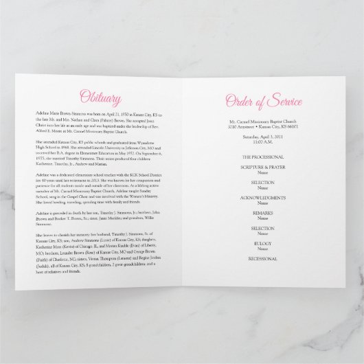 In Love Memory | Pink Roses Beerdigung Programm (Innenseite)