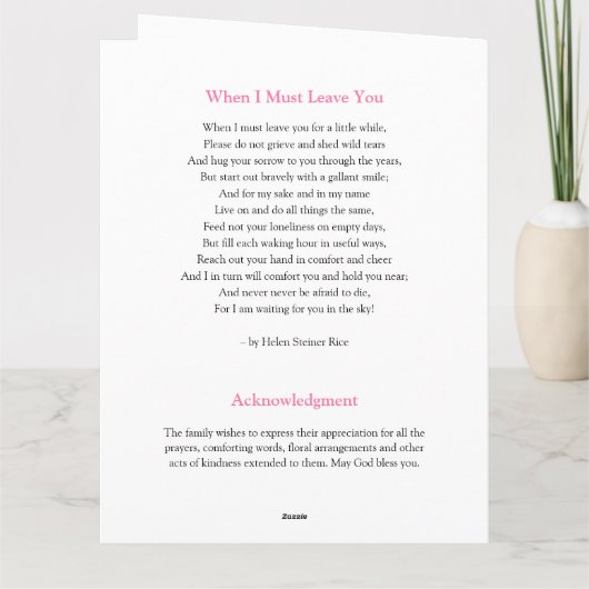 In Love Memory | Pink Roses Beerdigung Programm (Rückseite)