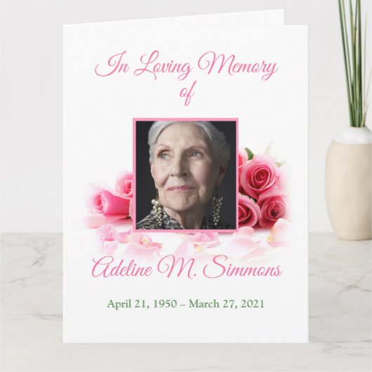 In Love Memory | Pink Roses Beerdigung Programm (Vorderseite)