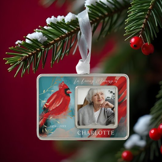 In Love Memory Red Kardinal Bird Memorial Foto Rahmen-Ornament Silber