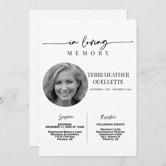 In Love Memory Script Funeral Memorial Service Einladung (Vorne/Hinten)