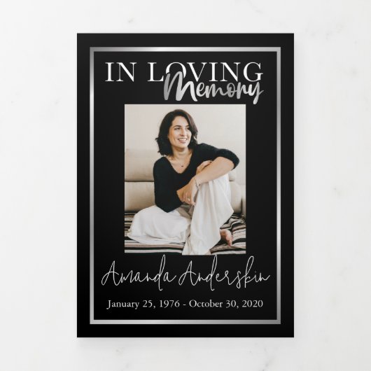 In Love Memory Silver Frame Black Dreifach-gefaltete Programmkarte (Cover)