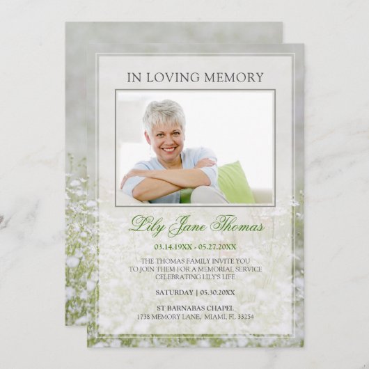 In Love Memory Simple White Meadow Funeral Foto Einladung (Vorne/Hinten)