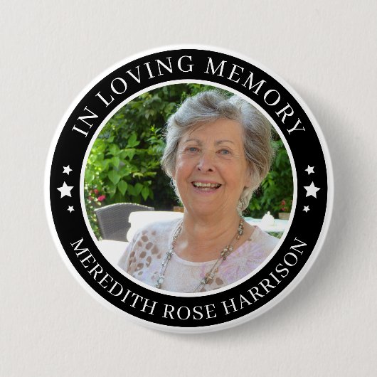In Love Memory White Stars Black Foto Memorial Button (Vorderseite)