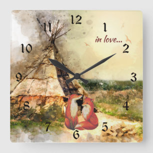 in love ~ Tribal Tipi and Beautiful Foxes Teepee Quadratische Wanduhr
