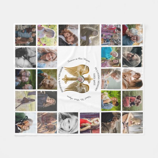 In Loving Memory 24 FotoCollage Cross with Wings Fleecedecke (Vorderseite (Horizontal))