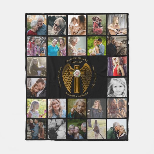 In Loving Memory 24 FotoCollage Cross with Wings Fleecedecke (Vorderseite)