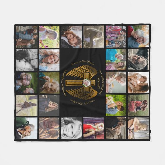 In Loving Memory 24 FotoCollage Cross with Wings Fleecedecke (Vorderseite (Horizontal))