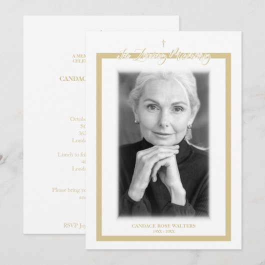 In Loving Memory B&W Golden Photo Service Dear Mitteilungskarte (Vorne/Hinten)