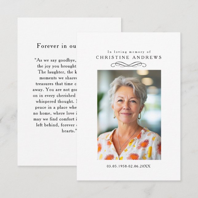 "In loving Memory" Elegant White Photo Prayer (Vorne/Hinten)