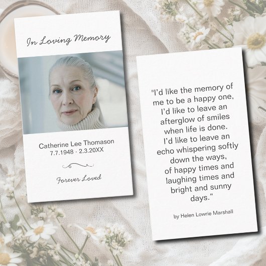 In Loving Memory Minimalist Photo Prayer Card Visitenkarte