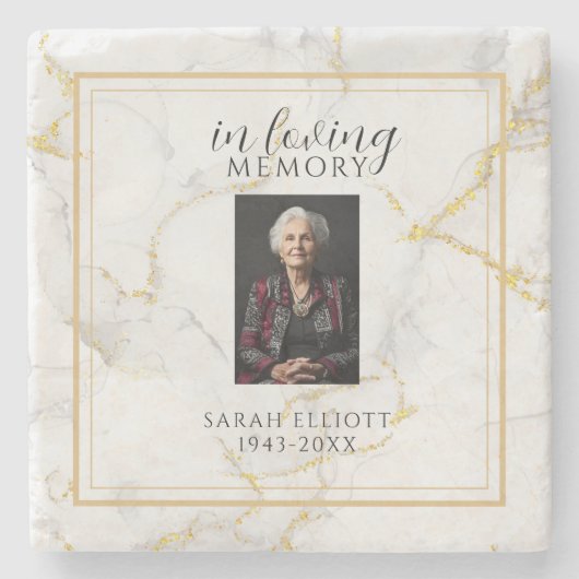 In Loving Memory mit Foto | Marmorgold Steinuntersetzer (Vorderseite)