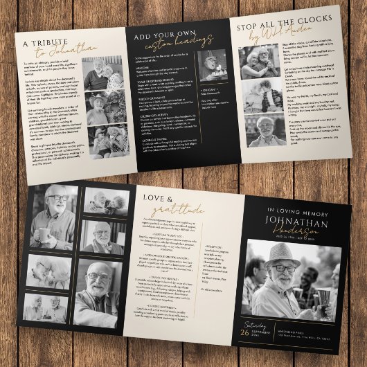 In Loving Memory Modern 14-Foto-Elegante-Gedenkstä Dreifach-gefaltete Programmkarte